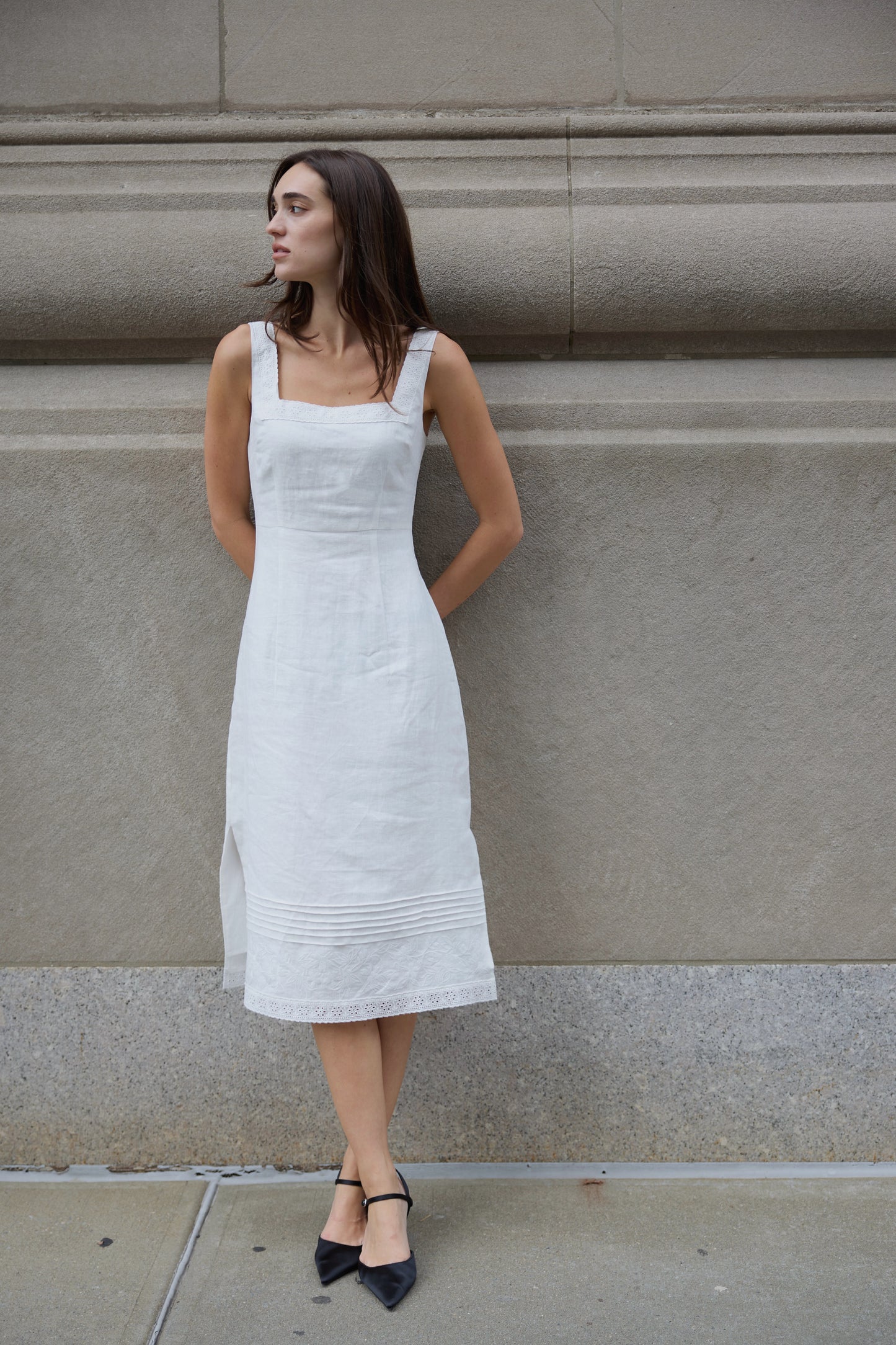 Premiere Linen Square Neck Midi Dress
